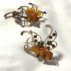 Two Amber & Aged Silver Brooches & gemstones